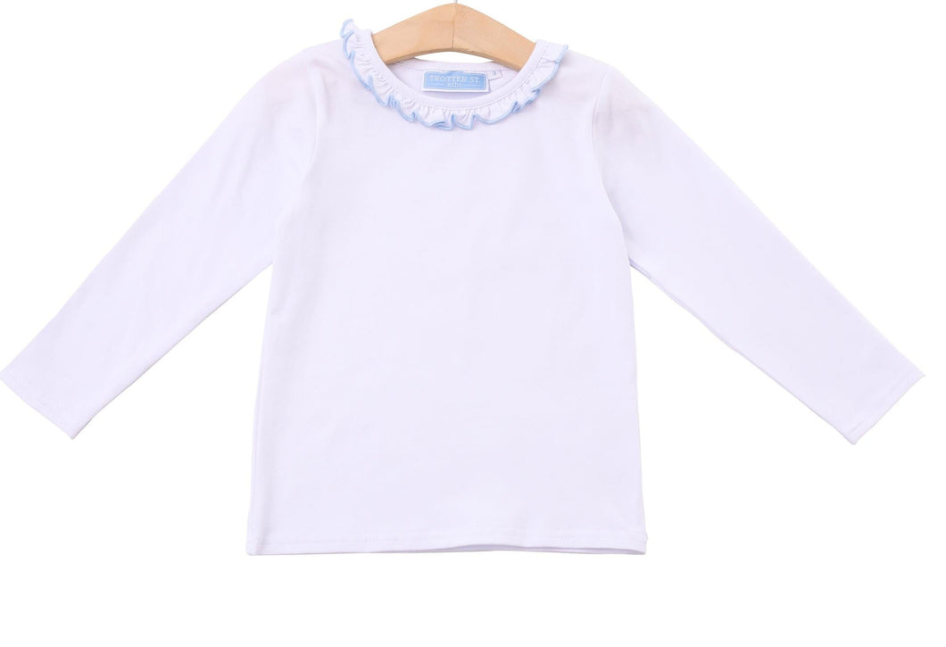 Girls White Vera Top with Light Blue Ruffle