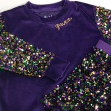 Load image into Gallery viewer, Purple Velvet Mardi Gras Sequin Sleeve Sweatshirt