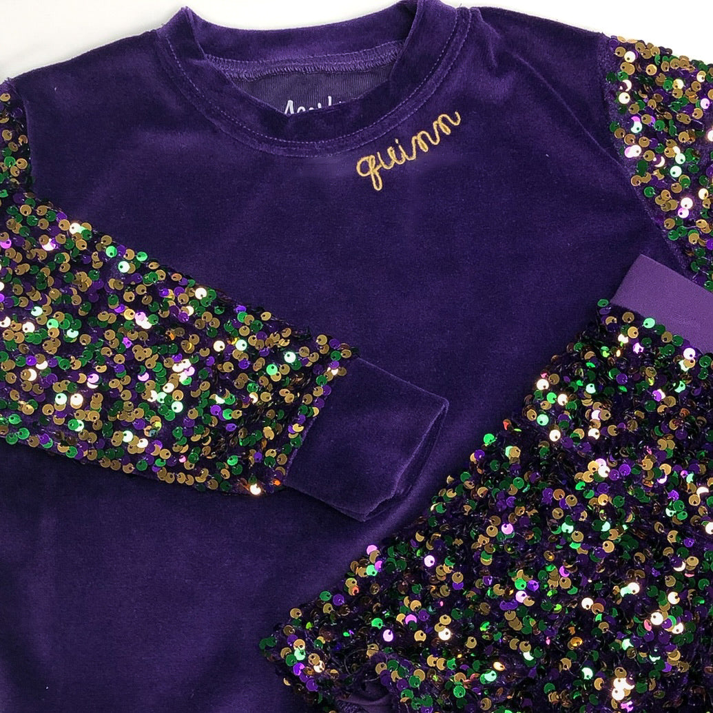 Purple Velvet Mardi Gras Sequin Sleeve Sweatshirt