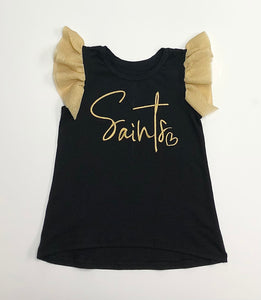 Black Shirt with Gold Glitter Ruffle Tulle Sleeve