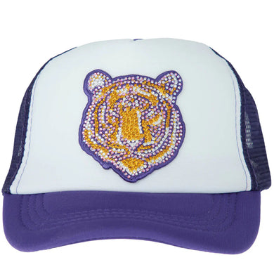Rhinestone Tiger Metallic Purple Youth Trucker Hat
