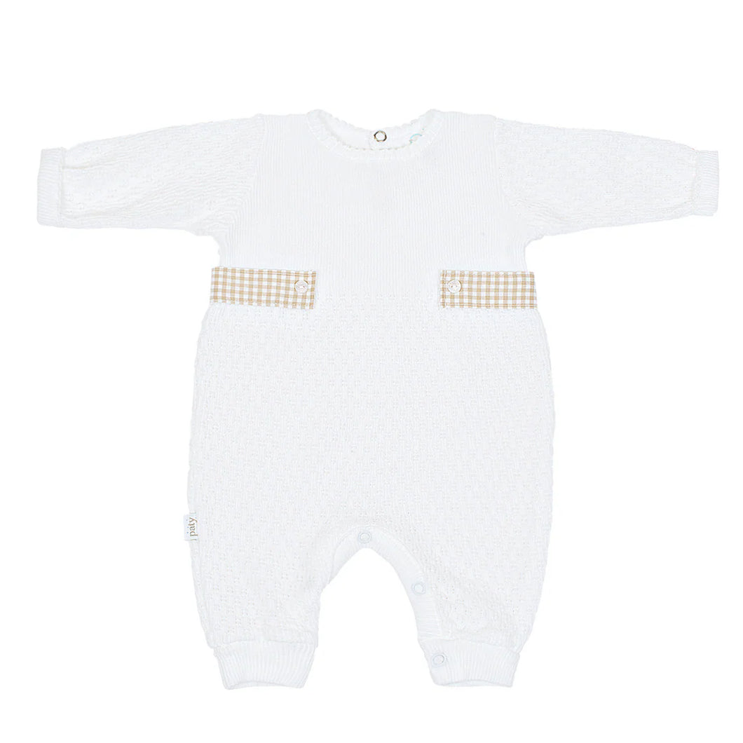 Long Sleeve Paty Romper with Blue Gingham Side Tabs