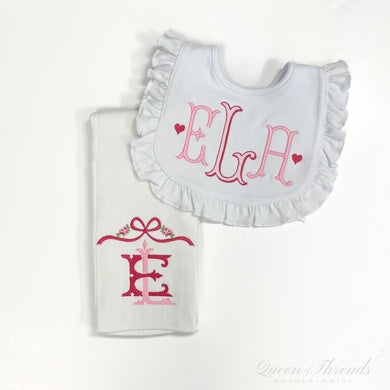 Double Initial with Bow Burp Cloth and Ruffle Bib with Initials