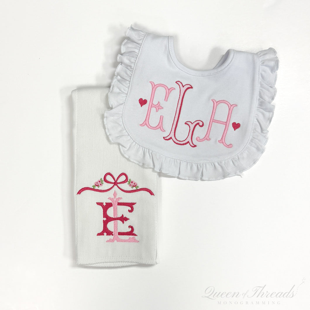 Double Initial with Bow Burp Cloth and Ruffle Bib with Initials