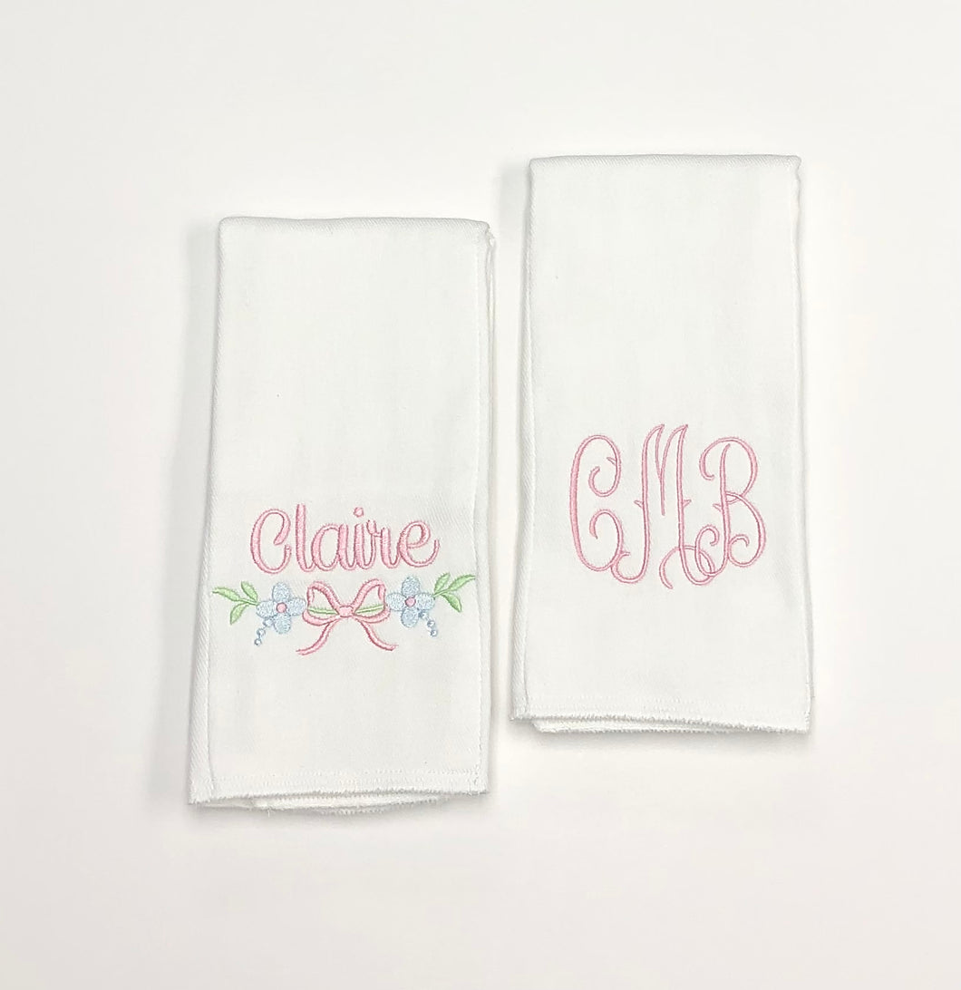 Pink Name with Floral Bow Accent and Initials Burp Cloth Set