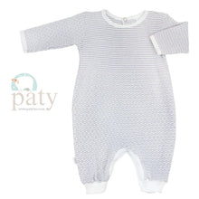 Load image into Gallery viewer, Long Sleeve Grey Stripe Paty Romper with White Trim