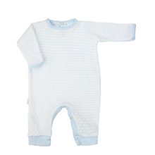Load image into Gallery viewer, Blue Pinstripe Paty Romper with Blue Pima Trim