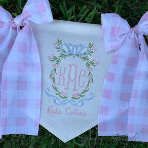 Floral Bow Frame Baby Girl Banner with Fabric Gingham Bows