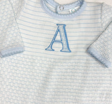 Load image into Gallery viewer, Blue Pinstripe Paty Romper with Blue Pima Trim