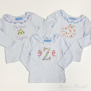 Girls White Vera Top with Lavender Ruffle