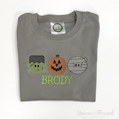 Sketch Zombie, Pumpkin, and Mummy on Grey Tee