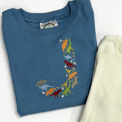 Boys Steel Blue Dino Letter  Long Sleeve Tee
