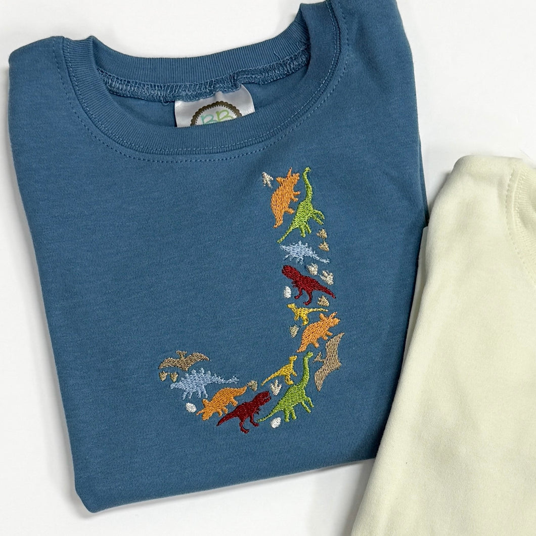 Boys Steel Blue Dino Letter  Long Sleeve Tee