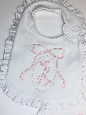 White Ruffle Bib with Initial Bow Frame