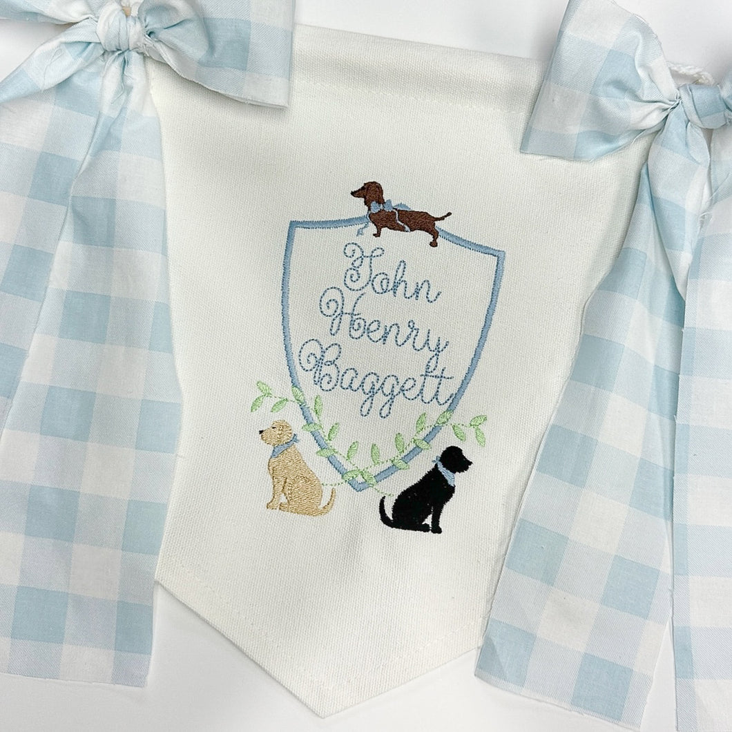 Dog Crest Baby Boy Banner with Gingham Ribbon