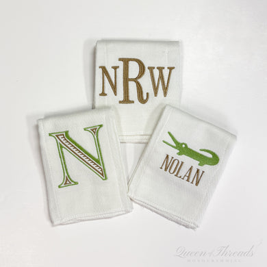 Name, Initials, and Alligator Green and Tan Theme Burp Cloth Set