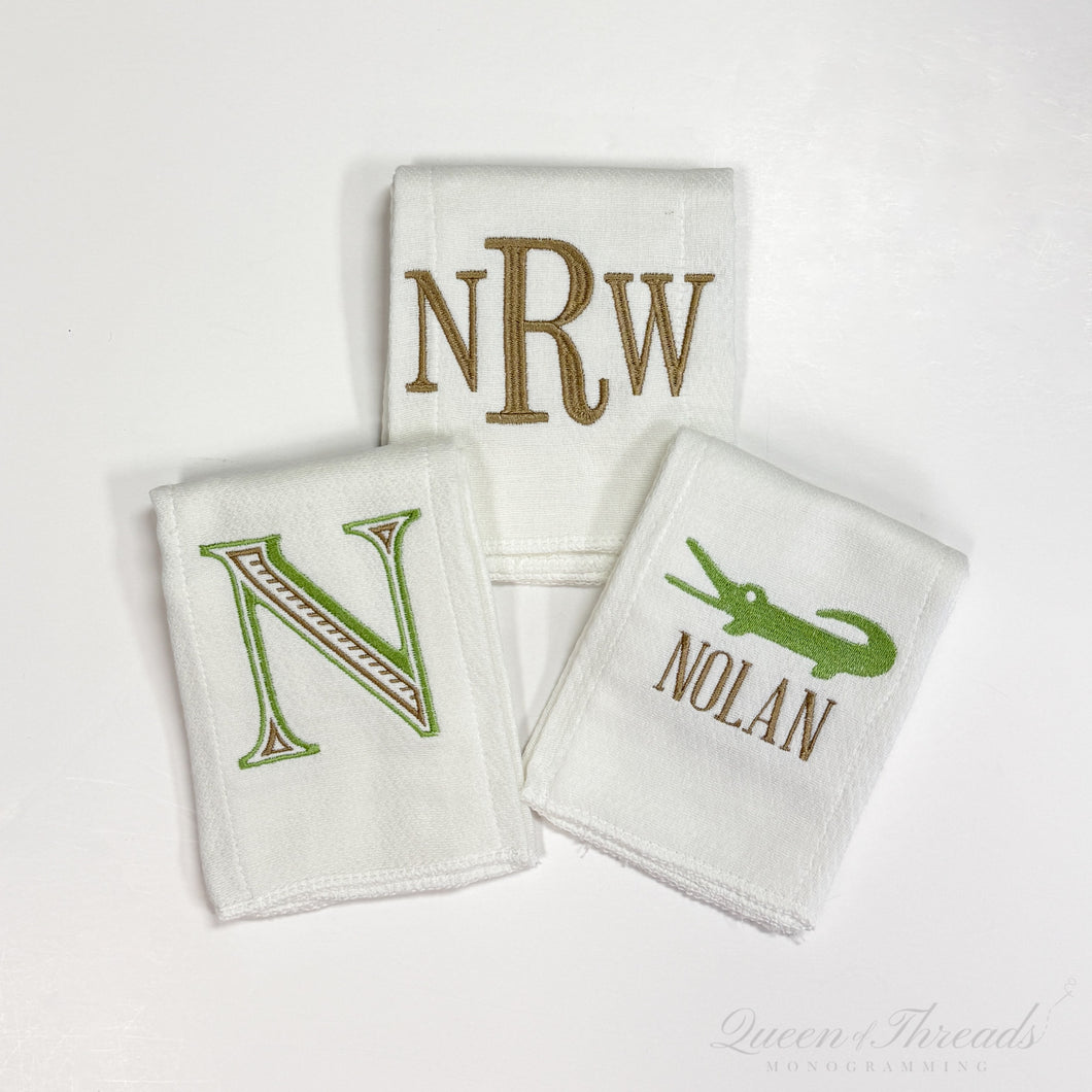 Name, Initials, and Alligator Green and Tan Theme Burp Cloth Set