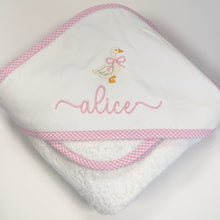 Load image into Gallery viewer, Pink Seersucker Stripe Trim Hooded Towel Set
