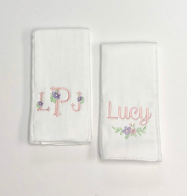 Pink and Purple Floral Initials and Name Burp Cloth Set