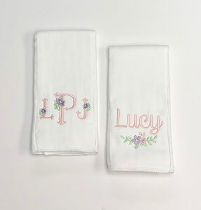 Pink and Purple Floral Initials and Name Burp Cloth Set