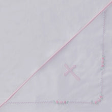 Load image into Gallery viewer, White Baby Blanket with Pink Cross with Pink Border