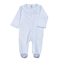 Load image into Gallery viewer, White Pima Zipper Footie With Blue Trim