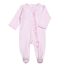 Load image into Gallery viewer, Pink Zipper Footie with Pink Ruffled Picot Trim