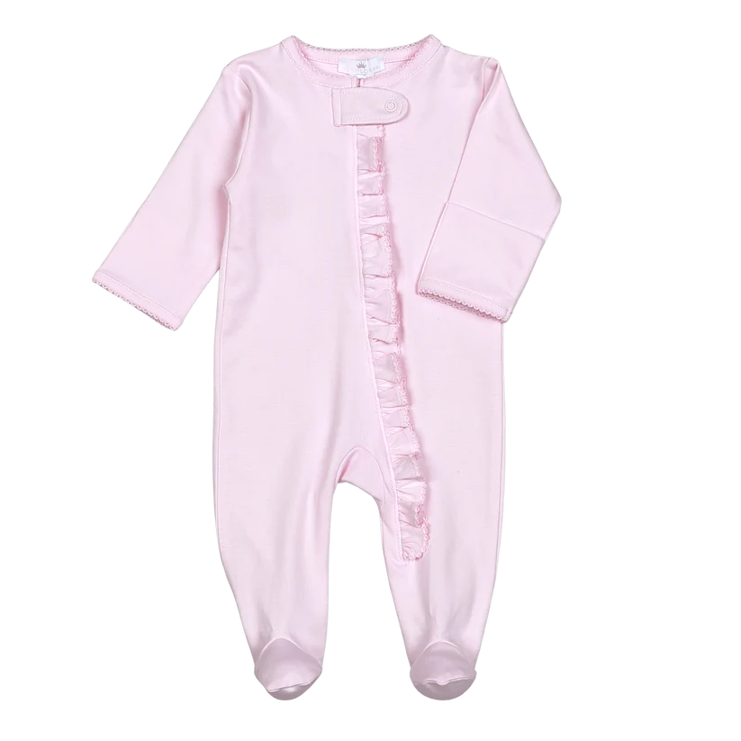 Pink Zipper Footie with Pink Ruffled Picot Trim