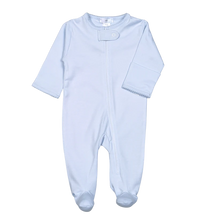 Load image into Gallery viewer, Blue Zipper Footie with Blue Picot Trim