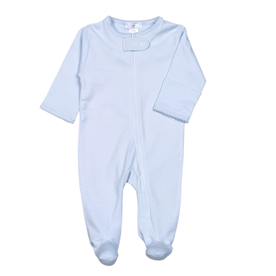 Blue Zipper Footie with Blue Picot Trim
