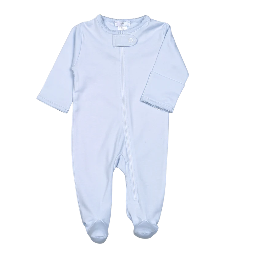 Blue Zipper Footie with Blue Picot Trim