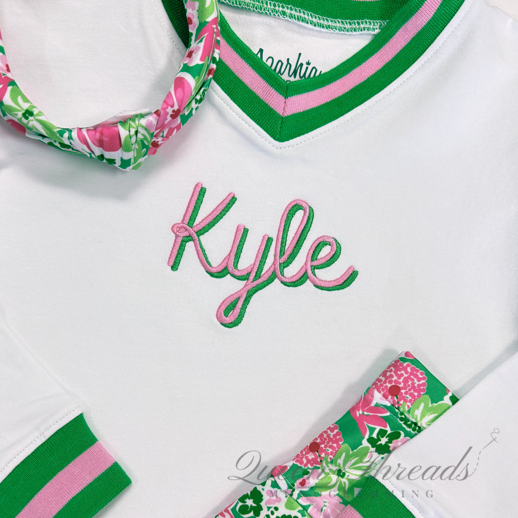 Girls Pink and Green Trim White Holly Sweatshirt