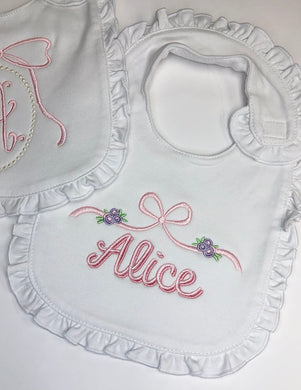 White Ruffle Bib with 2 Color Name and Bow with Buds