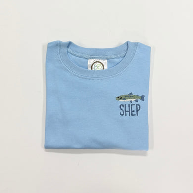 Mini Fish with Name on Light Blue Tee