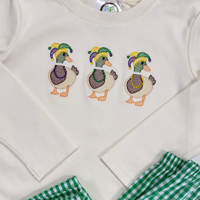 Boys Ivory L/S Mardi Gras Duck Trio Tee