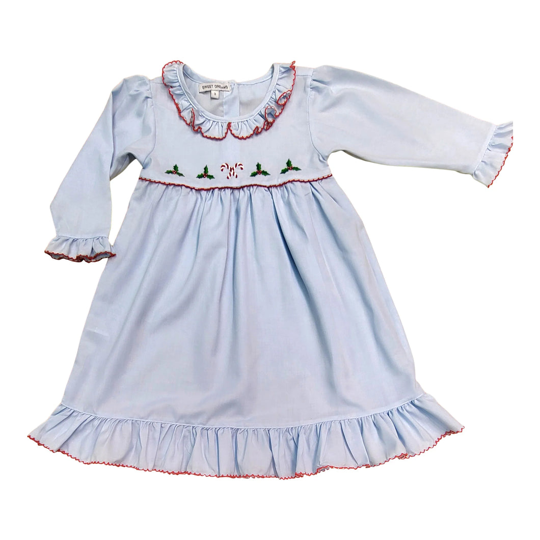 Girls Blue w/ Red Trim Gown w/ Candy Cane and Holly