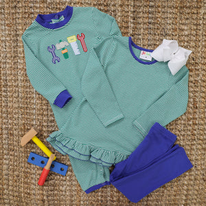 Girls Green Stripe and Royal Gemma Pants Set