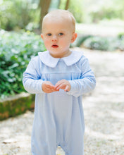 Load image into Gallery viewer, Boys Light Blue Stripe Henry Romper
