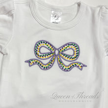 Load image into Gallery viewer, Girls Ruffle Mardi Gras Bow with Beads Tee