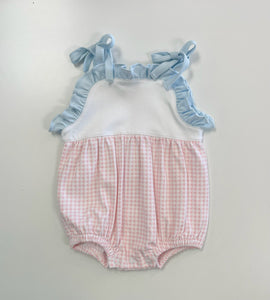 Pink Gingham With Blue Ruffle Trim Bubble
