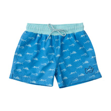 Load image into Gallery viewer, Boys Marina Blue Fish Print Boogie Board Swim Trunk