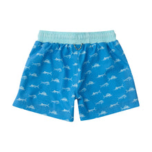 Load image into Gallery viewer, Boys Marina Blue Fish Print Boogie Board Swim Trunk