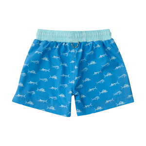 Boys Marina Blue Fish Print Boogie Board Swim Trunk