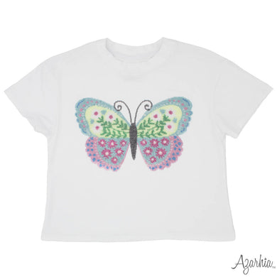 White Boxy Tee-Sequin Butterfly