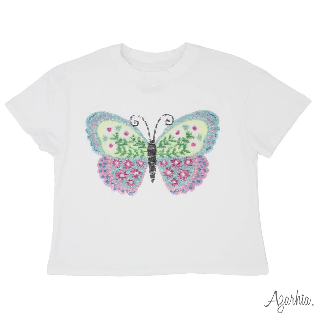 White Boxy Tee-Sequin Butterfly