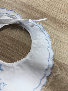 White Double Scalloped Linen Bib with Blue Trim
