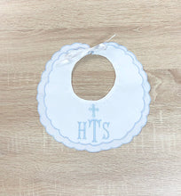 Load image into Gallery viewer, White Double Scalloped Linen Bib with Blue Trim