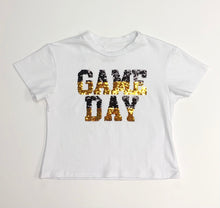 Load image into Gallery viewer, Sequin Reversible Purple/Black Gold Game Day Boxy Tee