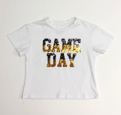 Sequin Reversible Purple/Black Gold Game Day Boxy Tee
