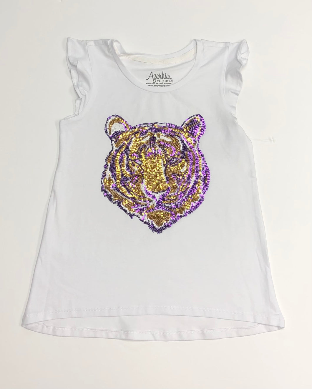 White Ruffle Sleeve Sequin Tiger Face Shirt